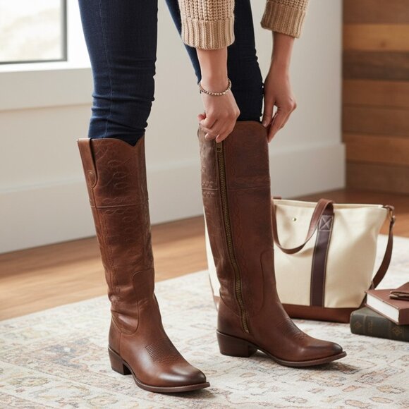 Freebird Wrang Distressed Brown Embroidery Detail Tall Boot, Size 6 - Picture 2 of 11